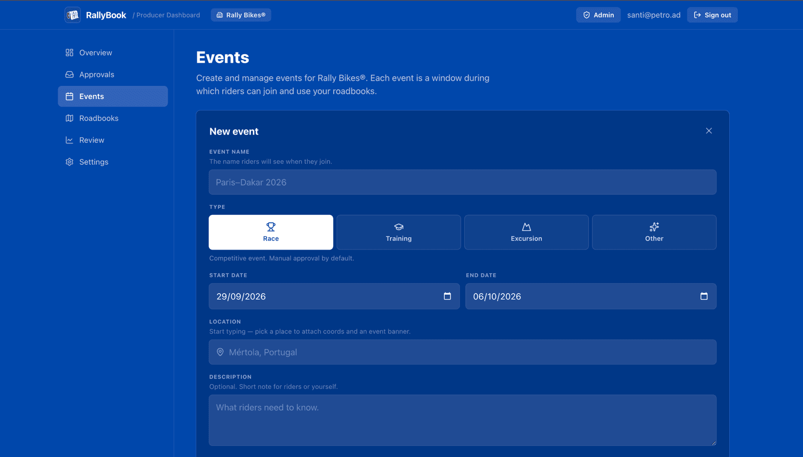The create-event form filled in, dates and location set
