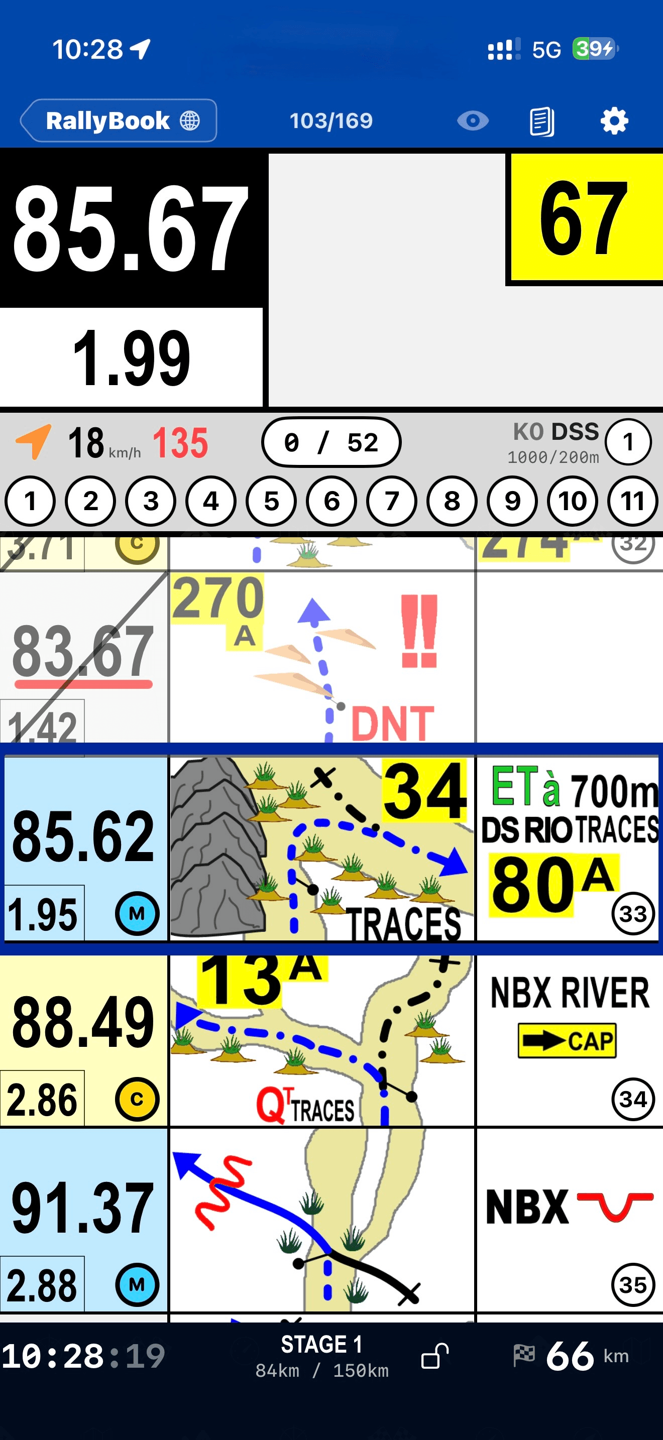 Roadbook column: km, tulip, notes. Section header and a zone marker in frame