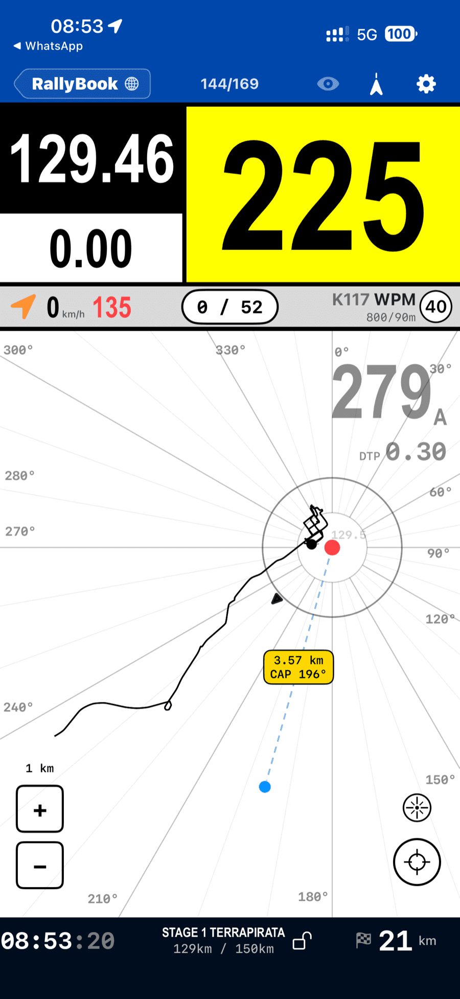 Trace map: driven path, validated waypoints, current position